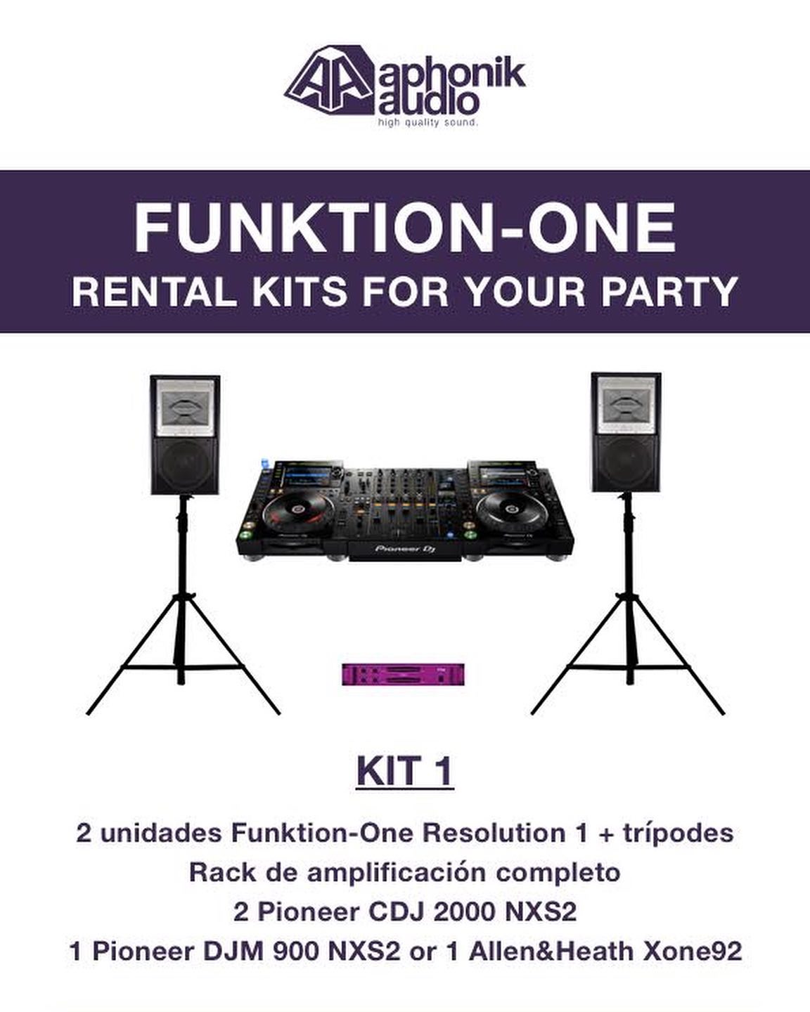 Funktion one Kit 1. 2 x Resulution 1 PA with 2 x Pioneer CDJ 2000 nxs 2 and 1 x DJM 900 nxs2 dj backline material Aphonik Audio Barcelona rentals