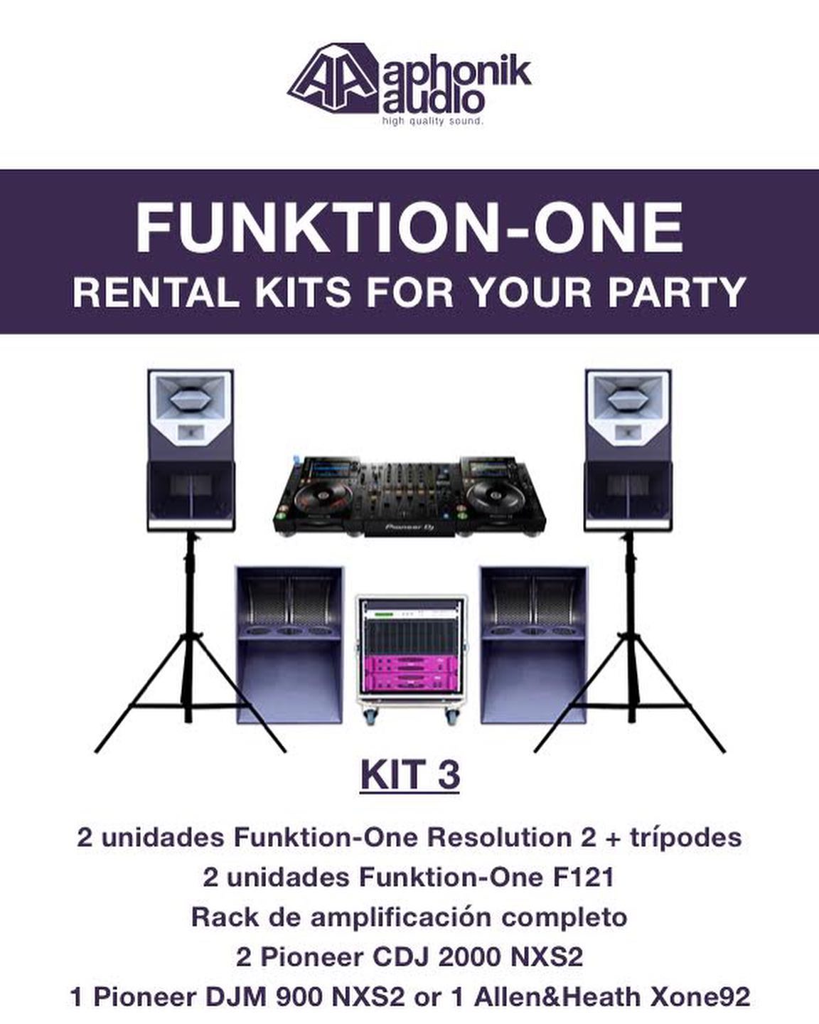Funktion one Kit 3, 2 x Resulution 2 PA with 2 x F121 bass bins. 2 x Pioneer CDJ 2000 nxs 2 and 1 x DJM 900 nxs2 dj backline material Aphonik Audio Barcelona rentals