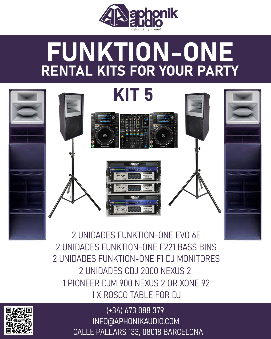 Funktion one Kit 5, 2 x Res 2 with 2 x F218 bass. 2 x DJ Monitors 1201. 2 x Pioneer CDJ 2000 nxs 2 and 1 x DJM 900 nxs2 dj backline material Aphonik Audio Barcelona rentals